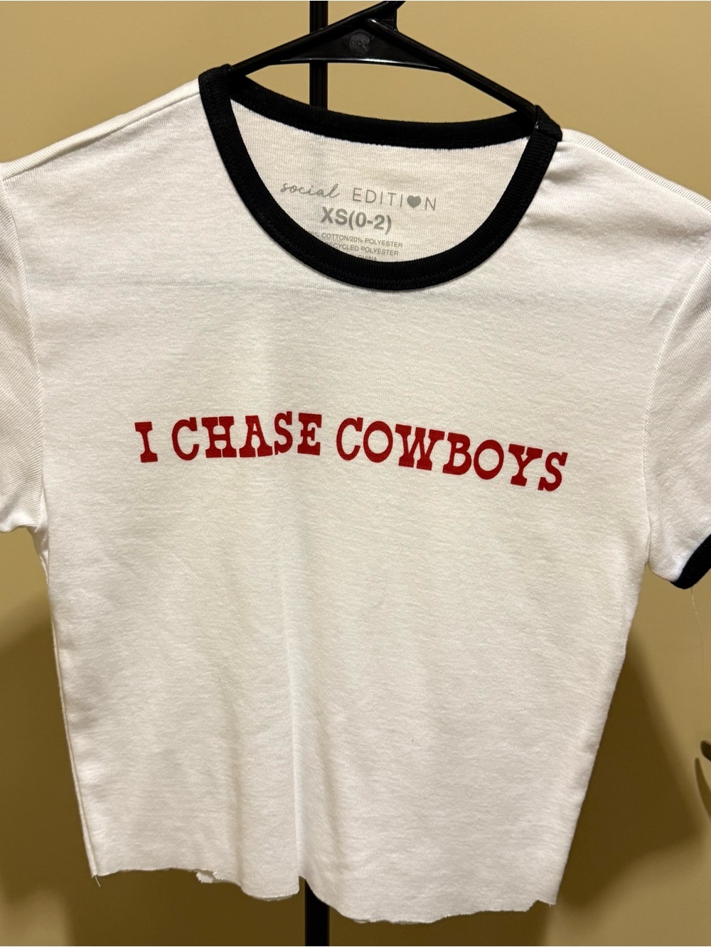 Social Edition White Ringer Tee with Red 'I Chase Cowboys' Graphic